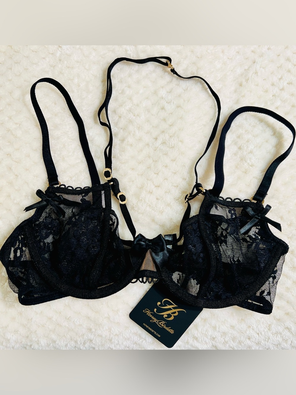 Honey Birdette Antoinette Black Lace Bra Size 32C w/Bow Accents & Neck Strap NWT